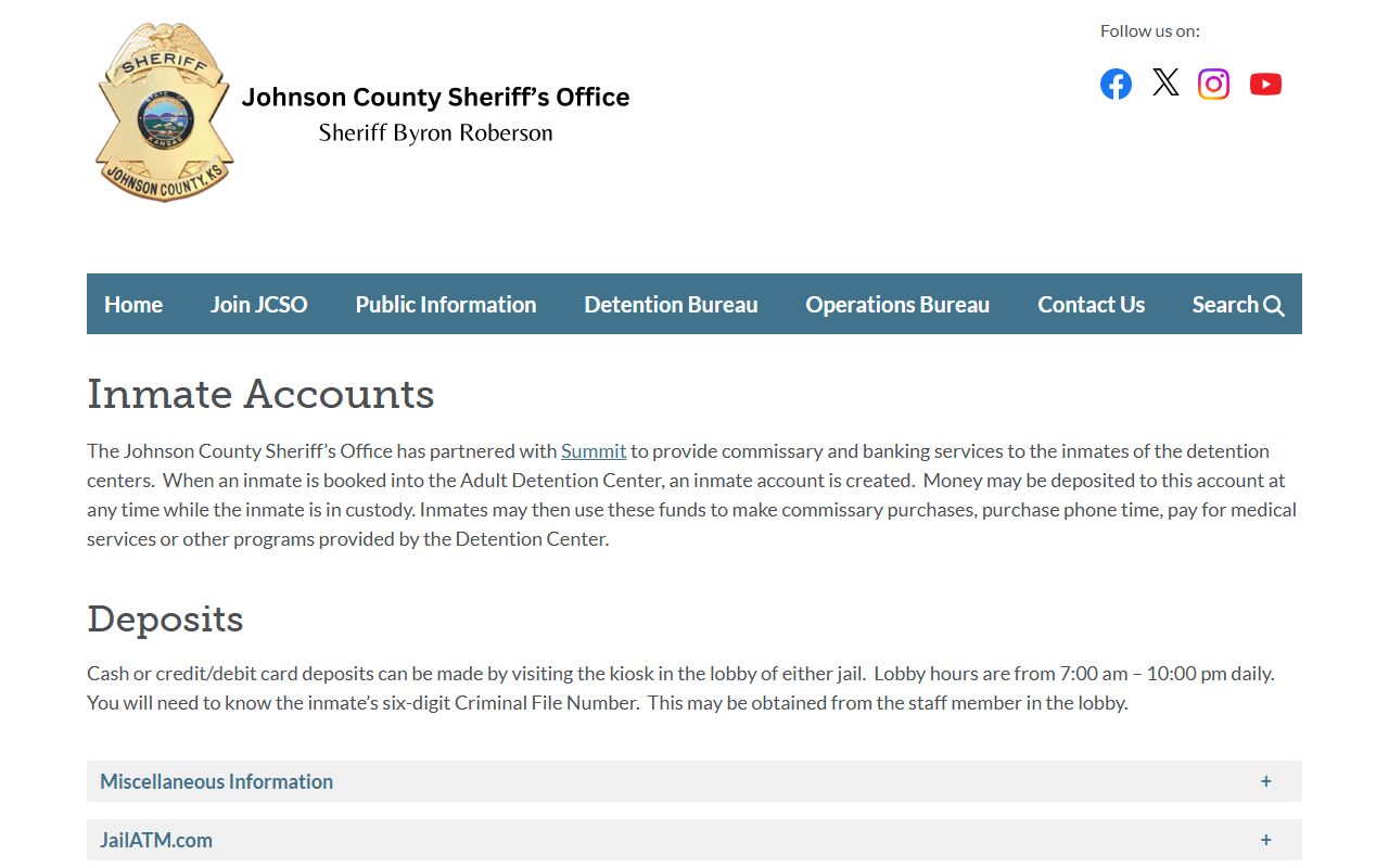 Johnson County Central Booking Facility commissary and JailATM inmate account rules