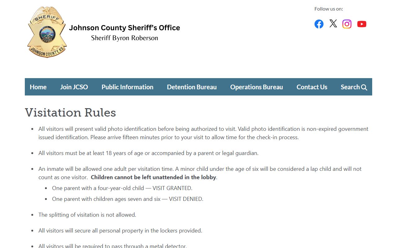 Johnson County Central Booking Facility inmate visitation rules and custody search